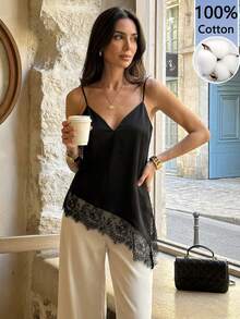 Aloruh Áo hai dây nữ 100% cotton màu đen thanh lịch cổ chữ V với viền ren bất đối xứng - Hoàn hảo cho kỳ nghỉ xuân/hè, đi biển & du lịch trên tàu biển, hẹn hò, dự tiệc, mặc công sở, lễ hội âm nhạc & miền Tây, v.v. - Nhiều màu - Xem 9