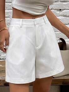CZJ Women's Solid Casual Shorts With Front Pockets And Buttons, For Everyday Wear - White - View 3