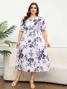 SHEIN Clasi 大码优雅印花连衣裙，夏季 - 紫色 - 查看 7
