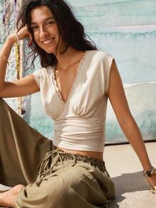 SoleilVie White Retro V-Neck Lace Trim Slim Fit Top Boho Summer Vacation Holiday Beach Elegant Ruched Business Casual Tops - Khaki - View 8