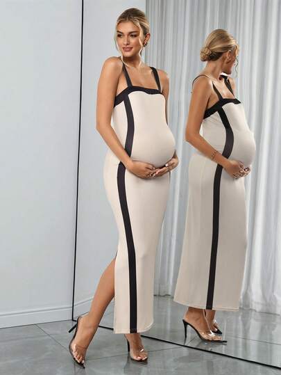 SHEIN Rochie de seară pentru femei însărcinate, cu blocuri de culoare, design cu talie în dungi verticale alb-negru, siluetă mulată, crăpătură laterală, sexy și elegantă, potrivită pentru petreceri și întâlniri, emanând o atmosferă de lux