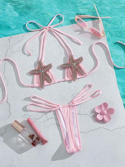 Swim SXY Set de 2 piezas Nuevo bikini de triángulo micro de unicolor con decoración de estrella de mar, traje de baño sexy y elegante para playa, piscina, fiesta