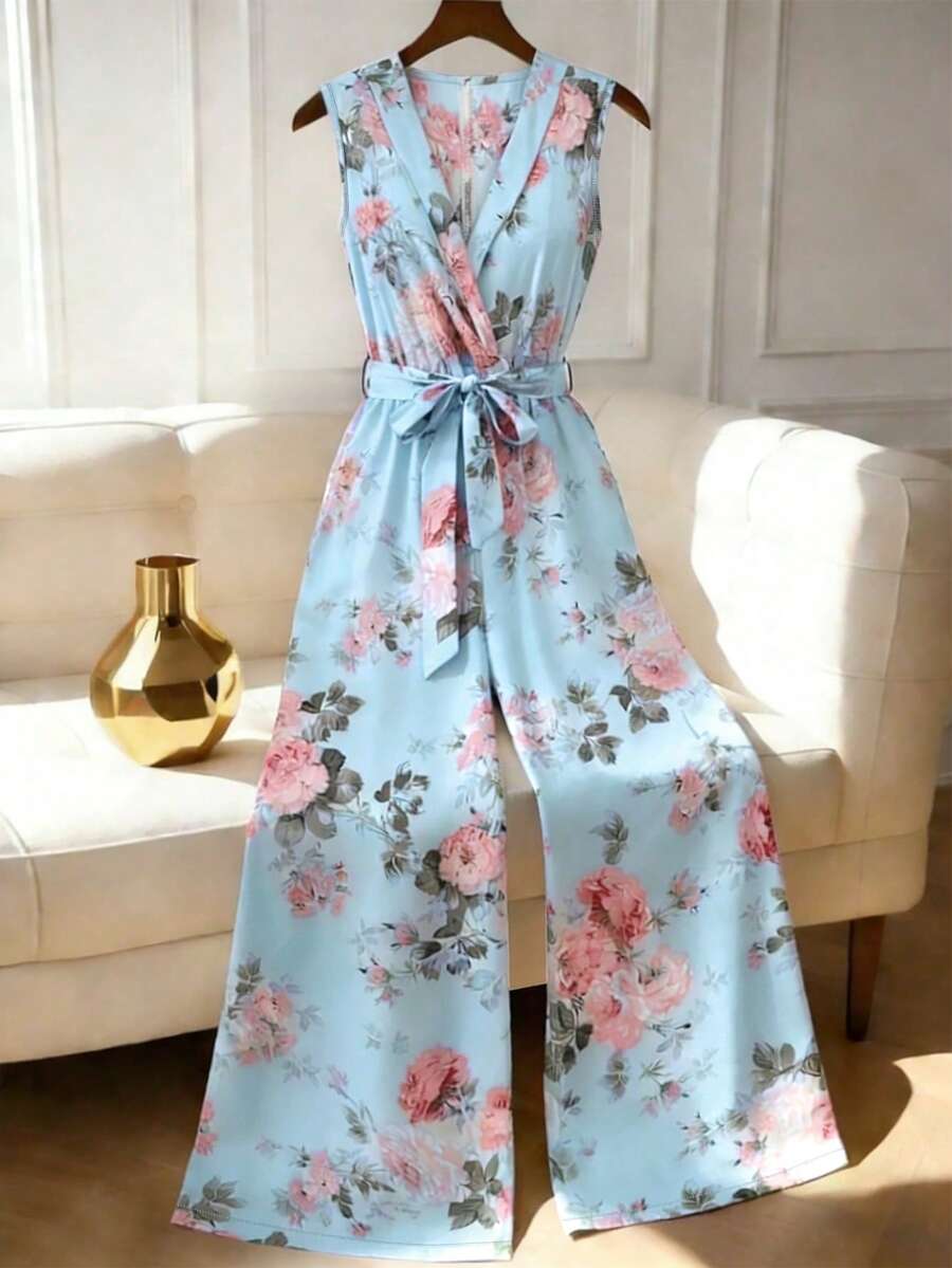 SHEIN Franclia Bộ jumpsuit nữ mùa hè in họa tiết hoa, thiết kế ống rộng, thắt eo, thanh lịch và thời trang. - Màu xanh lam - Xem 1