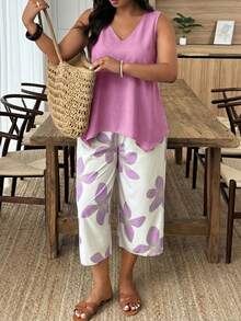 Weeklong Conjunto informal de 2 piezas de talla grande con parches florales, estilo de vacaciones - Multicolor - Ver 5