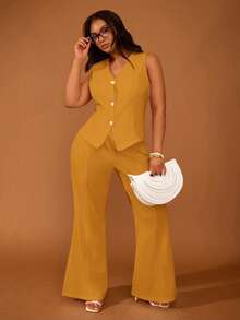 Veslaya Plus Size Women's Mustard Yellow,Summer,Elegant,Semi Formal,Work V-Neck Camisole Top And Pants Set,Boho Wedding Guest Party Graduation Vacation Outfit - Mustard Yellow - View 4