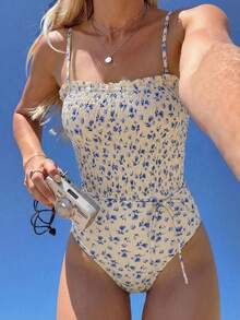 Swim Vcay 随机蓝白印花连体泳衣，可调节肩带，多功能沙滩度假休闲连体泳衣，女士碎花连体泳衣，女士碎花泳衣，碎花连体泳衣，女士连体泳衣 - 淡黃色 - 查看 3
