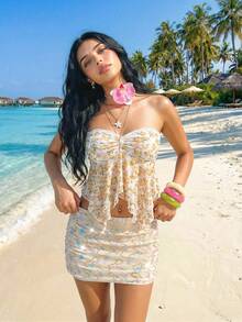 Sweetina Casual Sexy Vacation Floral Asymmetrical Hem Tube Top For Women Golf White Summer - Yellow - View 3