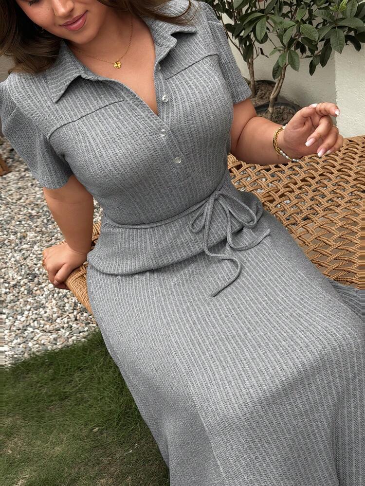 Dazy Plus Plus Size Women Solid Ribbed Elastic Fitted Casual Short Sleeve Dress, Spring/Summer