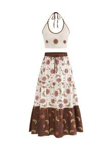 ROMWE Fairycore Sun, Moon & Star Print Plus Size Women Halter Neck Camisole & Skirt 2-Piece Set - Brown - View 1