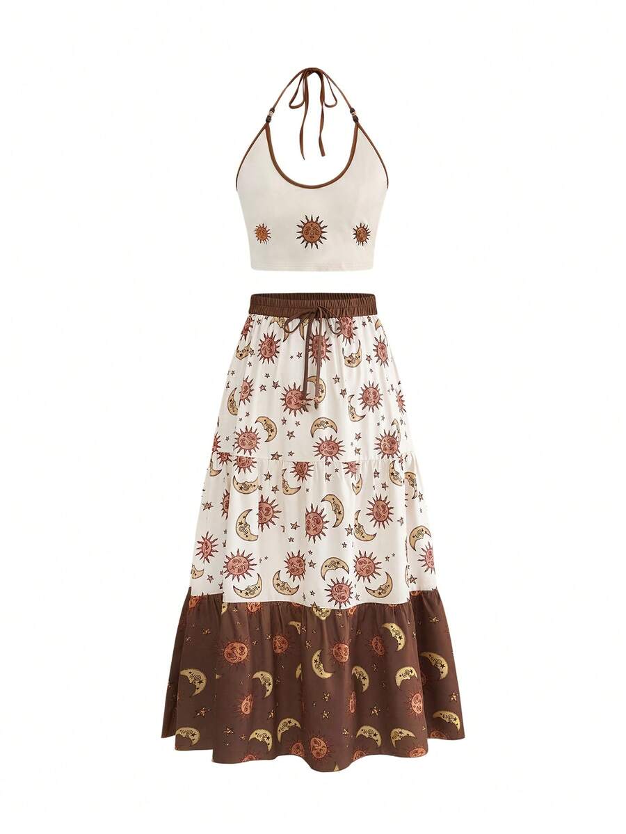 ROMWE Fairycore Sun, Moon & Star Print Plus Size Women Halter Neck Camisole & Skirt 2-Piece Set - Brown - View 1
