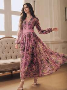 Đầm dài tay dáng chữ A màu tím thanh lịch dành cho nữ, cổ chữ V, viền ren, hàng mới về mùa hè. - Màu tím - Xem 6