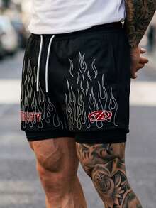 GymBeat Men's Casual Versatile Letter Print Drawstring Waist Pocket Shorts - Black - View 1