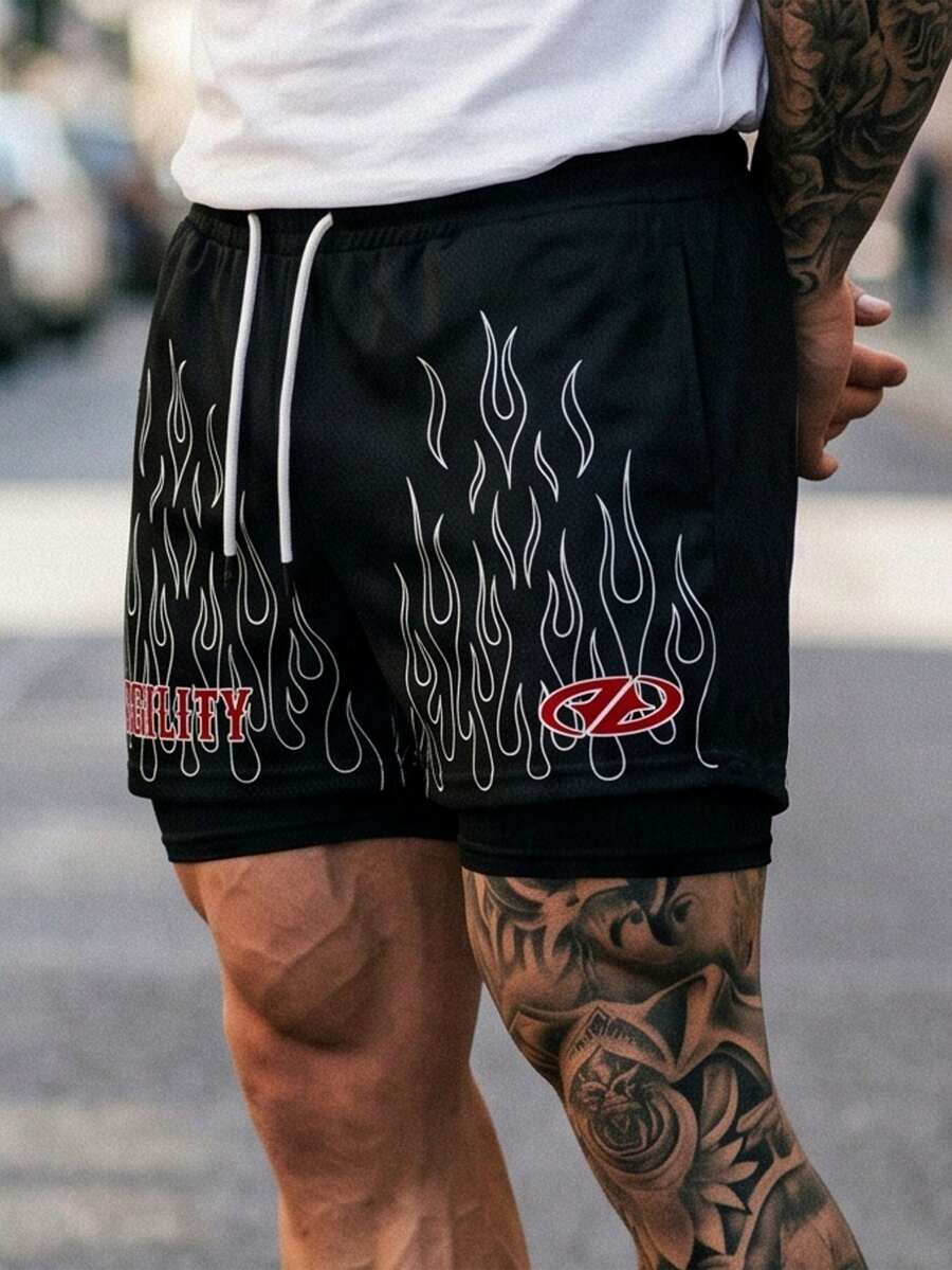 GymBeat Men's Casual Versatile Letter Print Drawstring Waist Pocket Shorts - Black - View 1