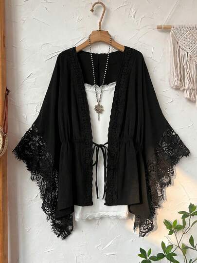 Rusticease Plus Size Women Lace Patchwork Drawstring Loose Jacket