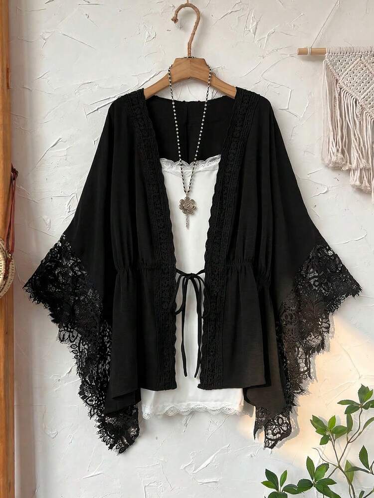 Plus Size Women Lace Patchwork Drawstring Loose Jacket