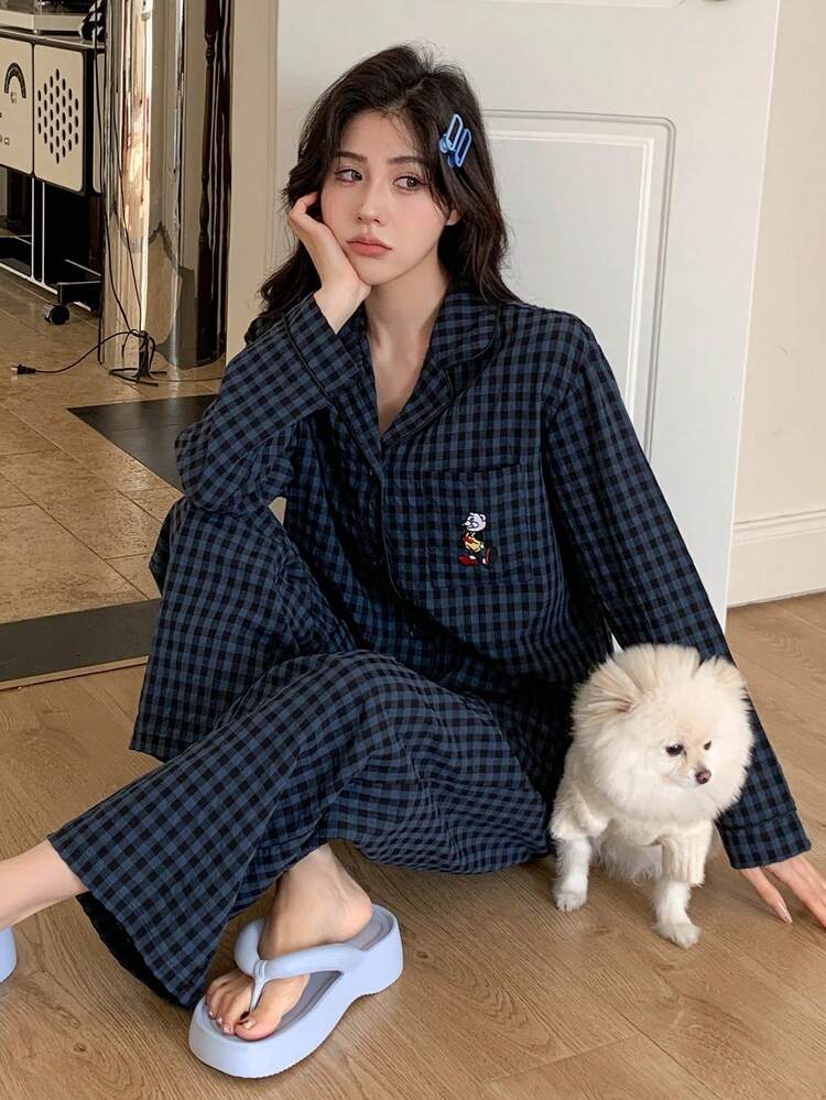 Tall Women's Plaid Embroidered Collar Shirt And Pants Casual 2 Pieces Set Lounge Sets For Women