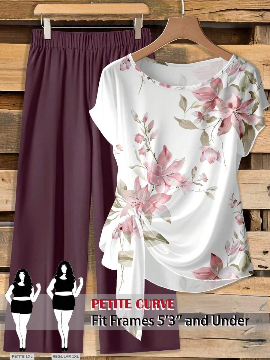 SHEIN PETITE CURVE Bộ đồ nữ cỡ lớn in họa tiết, gồm áo và quần, gồm 2 món. - Nhiều màu - Xem 1
