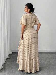 SHEIN Unity Plus Size Polka Dot Wrap Dress With Tie Waist, Ruffle Hem And Side Slit - Apricot - View 6