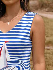 Áo tank top cổ tròn in họa tiết thuyền kẻ sọc dành cho nữ cỡ lớn - Nhiều màu - Xem 5