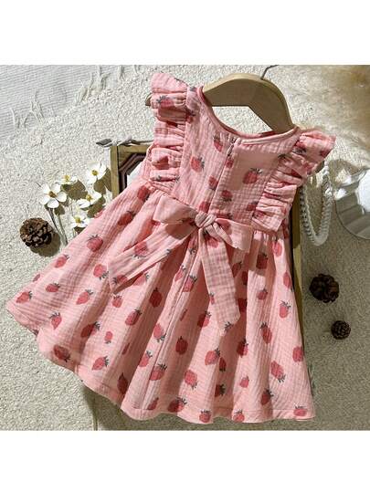 Loomiva Baby Girl Floral Print Round Neck Sleeveless Waist Dress