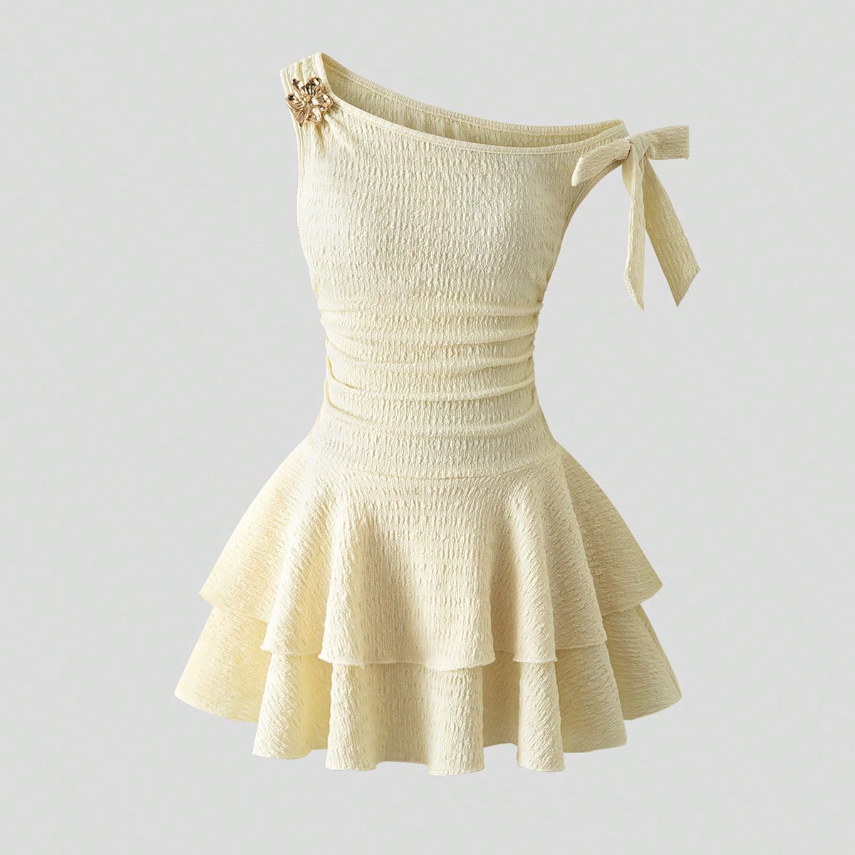 Vestido informal elegante asimétrico con hombros fruncidos y decoración de estrella de mar de metal para niña preadolescente, estilo princesa para