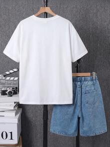 SHEIN 青少年男孩纯色圆领短袖T恤搭配牛仔短裤，休闲日常穿搭 - 白色 - 查看 3