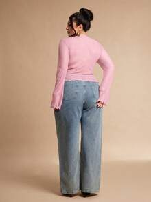 SHEIN BAE 大码女式纯色网纱蕾丝拼接长袖性感上衣，可作内衣或外套 - 淺粉色 - 查看 6