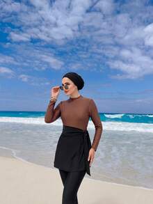 Swim Mulvari 2pcs Women's Black Modest Summer Beach Vacation Holiday Swimwear,Long Sleeve Tight Elegant Colorblock Swimsuit Paired With Skirt,Arabic Style Outfit - Black - View 4