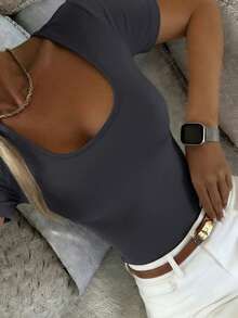 DAZY Women's Solid Color Minimalist Short Sleeve T-Shirt, Casual Daily Wear Summer - Dark Grey - View 2