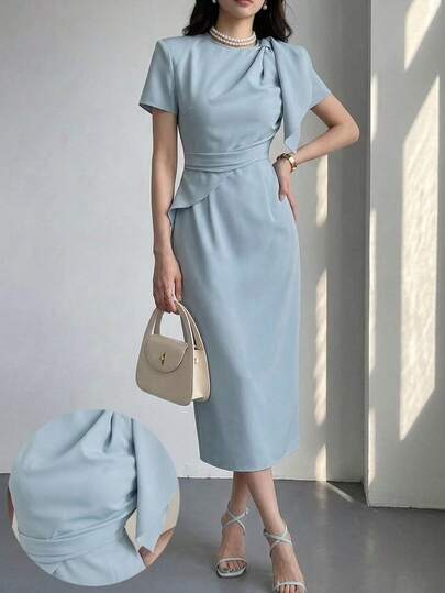 Heiryn 女士优雅收腰开衩中长连衣裙，夏季