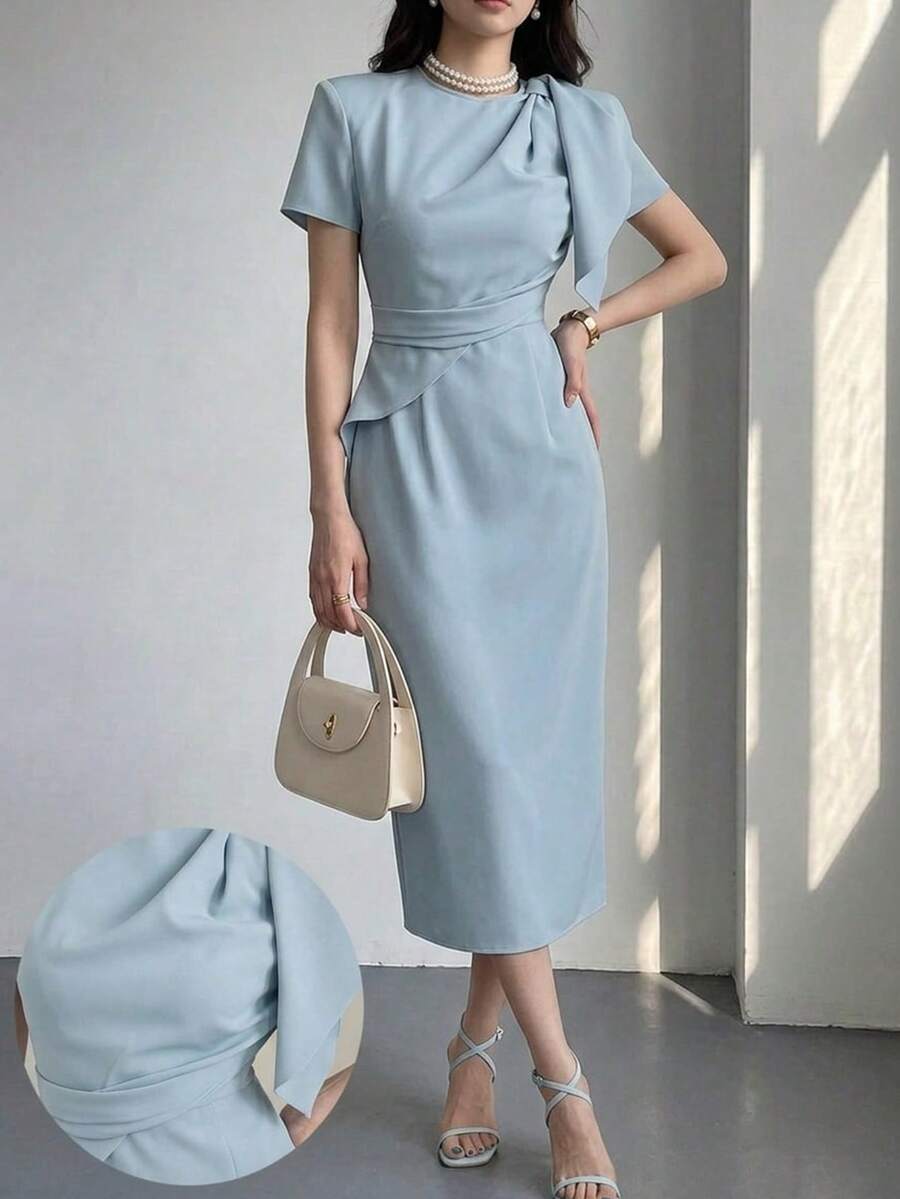 女士优雅收腰开衩中长连衣裙，夏季