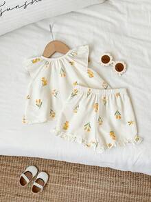 SHEIN 2件套女婴/幼儿休闲碎花短袖衬衫和短裤套装，夏季度假风 - 黃色 - 查看 2