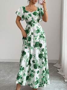 SHEIN Elenzya 女款白色碎花夏季優雅婚禮賓客玫瑰小碎花前褶皺荷葉袖A字長洋裝，休閒度假時尚復古 - 彩色 - 查看 3