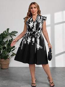 SHEIN Clasi Đầm cỡ lớn in họa tiết, cổ khoét lỗ, viền bèo nhún, trang trí thắt lưng. - màu đen - Xem 6