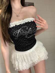 DAZY 亮面水鑽字母印花黑白波點夏季 Y2K 風格女款短版背心，無袖細肩帶修身收腰，適合夜店、音樂祭、海灘 - 黑色 - 查看 10