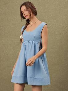 WESTFADE Đầm ngắn không tay bằng vải denim pha cotton, cổ tròn, thắt nơ bên hông, xẻ tà. - Rửa nhẹ - Xem 6