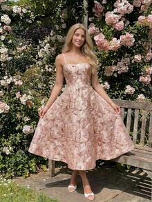 SHEIN Dusty Pink 3D Floral Jacquard Spaghetti Strap Square Neck Midi Dress Women Elegant Summer Layered Wedding Ninang Guest Cocktail Prom Fairycore Dress - Baby Pink - View 2