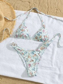 Swim Mod Swim Vcay 优雅女士 2026 多色波点沙滩泳装，清新撞色动物纹印花，超柔软塑形弹力罗纹针织挂脖三角比基尼套装，可调节系带挂脖比基尼上衣（带可拆卸胸垫），Y2K 美学高衩性感比基尼下装（撞色条纹图案）。 - 彩色 - 查看 4