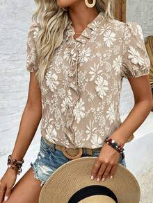 EMERY ROSE Elegant V-Neck Ruffle Petal Sleeve Jacquard Textured Fabric Women Blouse - Khaki - View 4