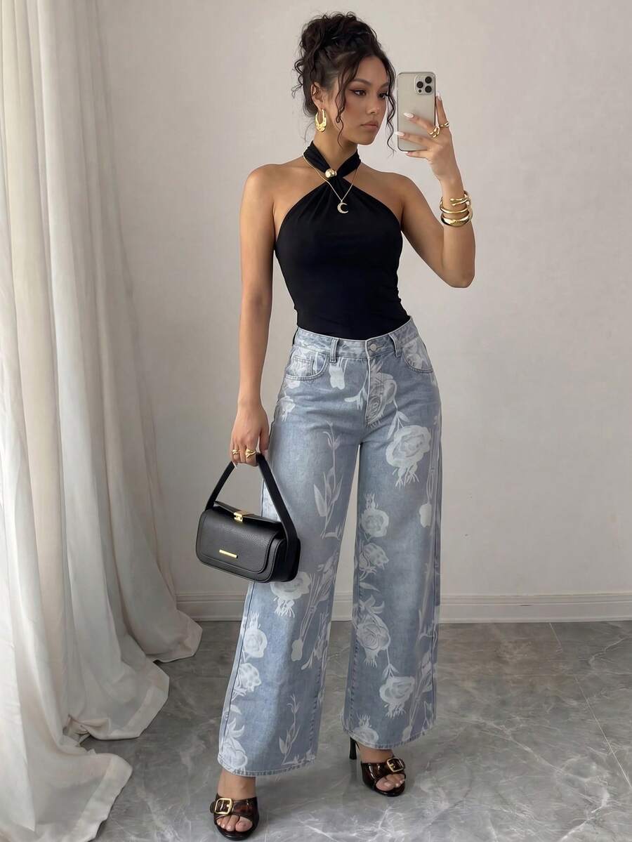 Elenzga Women's Floral Print Pocket Wide Leg Loose Casual Jeans - Light Wash - View 1
