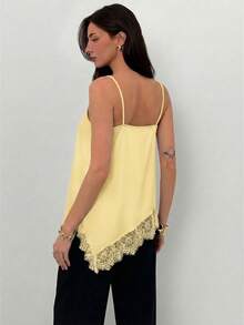 Camiseta de tirantes para mujer con estampado de lunares, dobladillo asimétrico y patchwork de encaje, estilo dulce y de moda - Amarillo claro - Ver 7