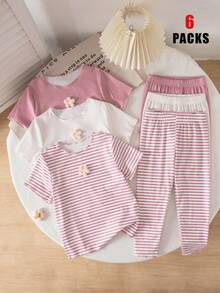 6pcs Girls Pajama Set, Short Sleeve Top And 3/4 Pants, Spring/Summer Home Wear - Multicolor - View 1