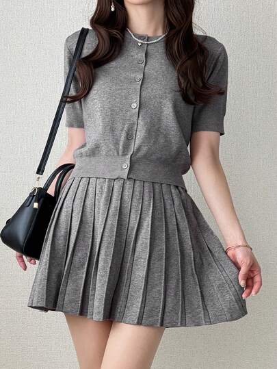 FRIFUL Women's Solid Color Short Sleeve Cardigan And Pleated Mini Skirt 2 Pieces Set
