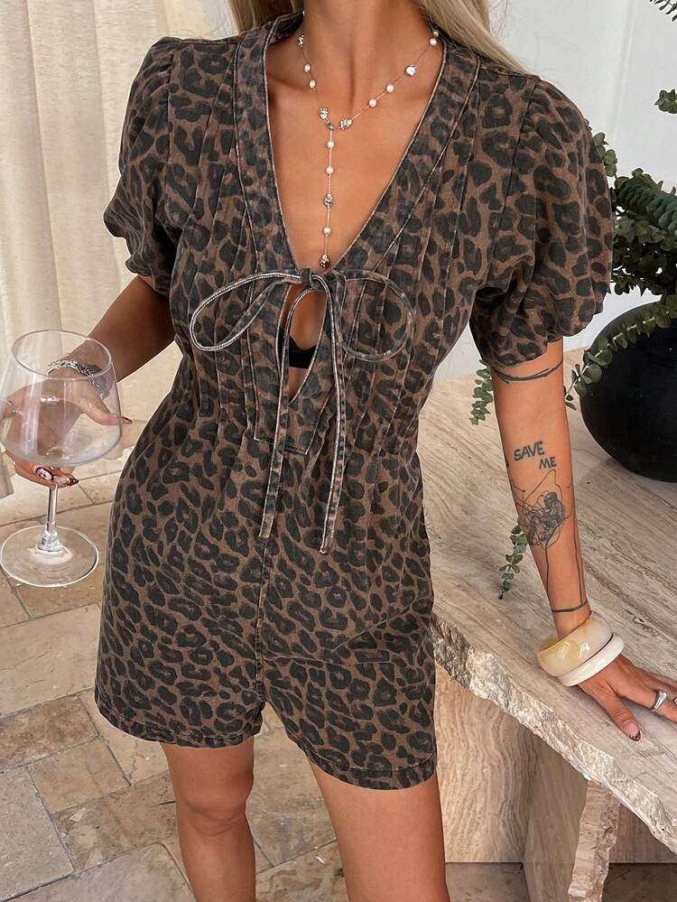 Women's V-Neck Short Sleeve Tie-Front Leopard Print Fabric Back Cinched Waist Fitted Casual Denim Jumpsuit Summer