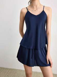 Ocili Satin Smooth Soft & Comfortable Women Pajama Set - Navy Blue - View 5