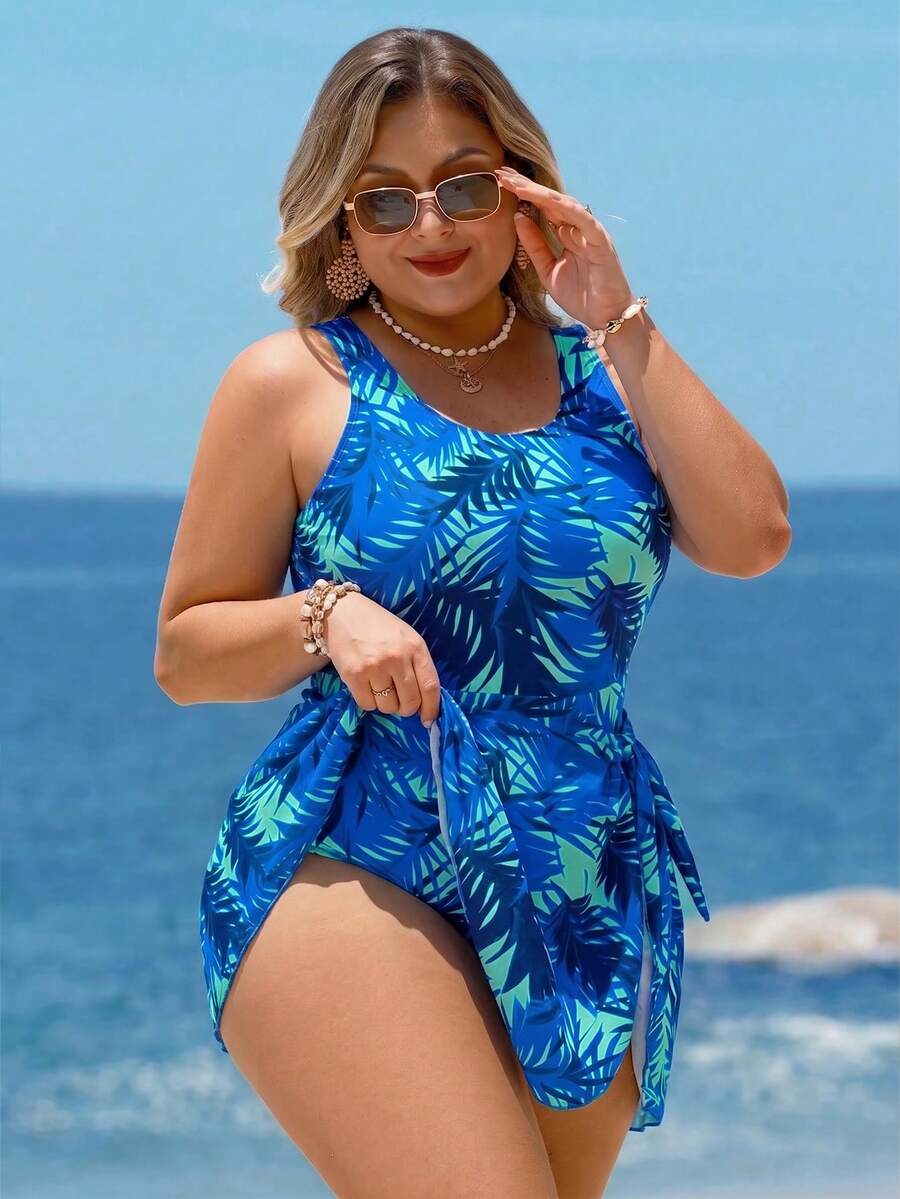 Swim Lushoire 大码女式彩色树叶印花吊带泳裙，沙滩度假泳装 - 彩色 - 查看 1
