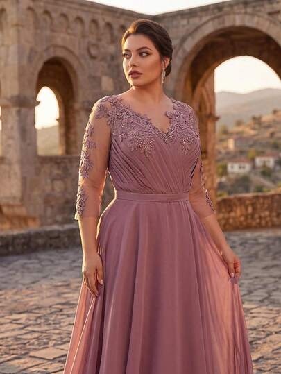 Serin Vestido maxi de gasa con mangas transparentes, bordado con perlas y aplicaciones de encaje con strass, elegante y lujoso, talla grande, adecuado para boda, fiesta, vacaciones, despedida de soltera, baile de graduación