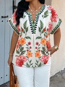 Weeklong Blus Longgar Lengan Pendek Model Batwing Motif Bunga Kasual Musim Panas untuk Wanita Ukuran Besar, Cocok untuk Liburan Pantai dan Liburan Pantai - MultiWarna - View 1
