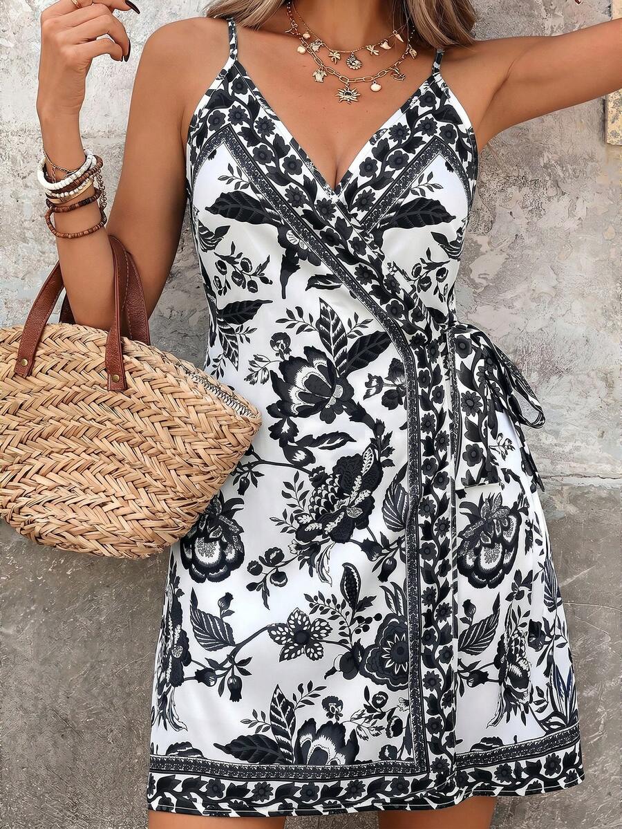 SHEIN VCAY Plus Size Women Summer Beach Vacation Floral Print Wrap Tie Camisole Dress - Black and White - View 1