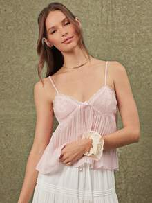 WESTFADE V Neck Bow Front Plisse Chiffon & Floral Lace Sleeveless Babydoll Cami Tank Top - Pink - View 1